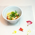 北海道産ホタテ貝のブディーノと蓮根を包んだラヴィオリ風　真鱈の白子と濃厚なスープで