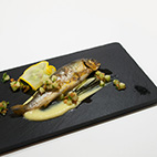 111℃で調理した鮎のコンフィ　ウイキョウと丸ズッキーニのブルーテ　ナッティーなソース